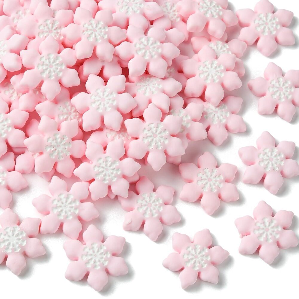 6404 100 Pcs Christmas Themed Opaque Resin Cabochons Pink Snowflake Nohole